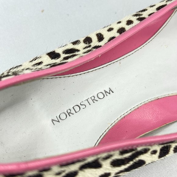 NORDSTROM Girls 3 Leather Flats Ivory Calf Hair Animal Print Pink Trim Spring - Picture 7 of 9
